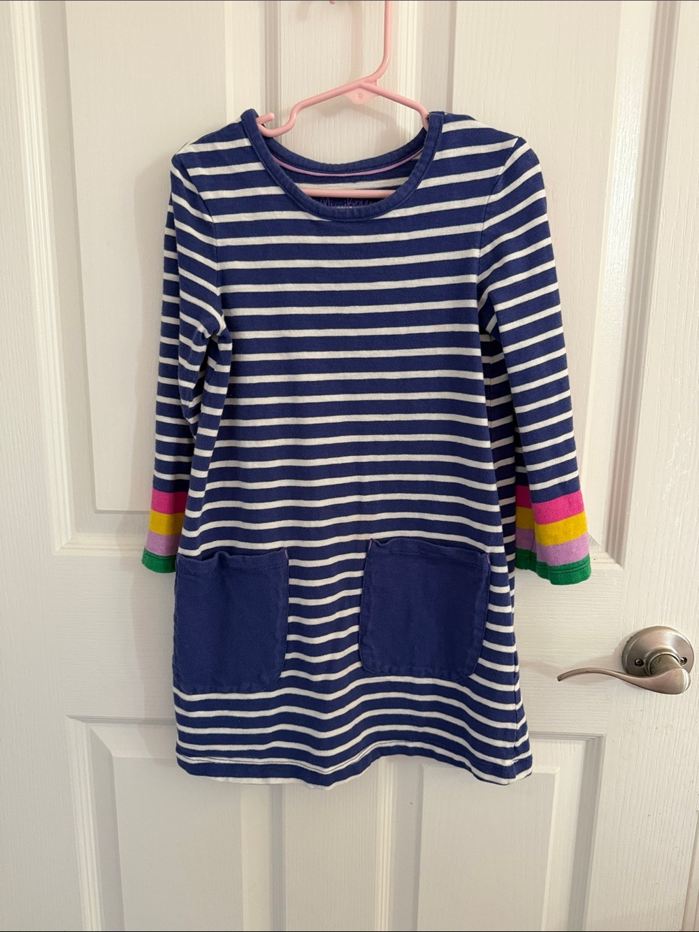 Mini Boden Navy and White Striped Long Sleeve Dress with Rainbow Cuffs